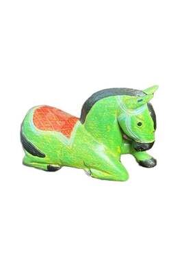 Vintage Hand Painted Green Wooden Horse Figurine Reclining Folk Art